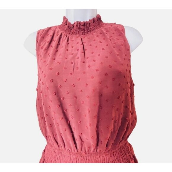 Sweet Wanderer Swiss Dot Sleeveless Mini Dress In Maroon Smocked Waist Ruffled N - Picture 3 of 6